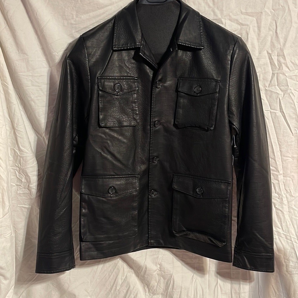New Marc Asher Jacket Faux Leather Snake Black Medium Nwt M Button Front Pockets